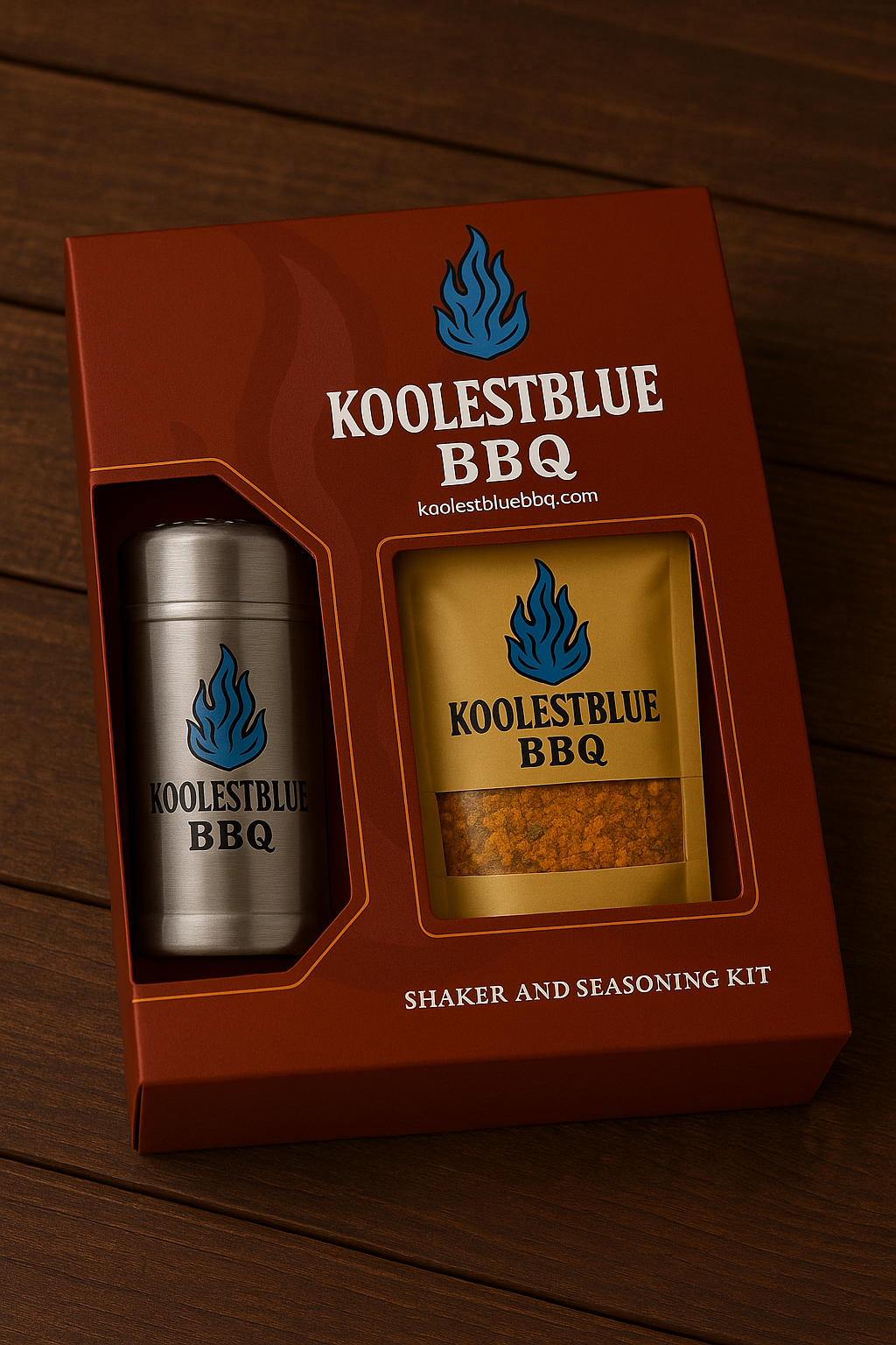 KoolestBlue BBQ shaker and seasoning kit packaging on a wooden surface