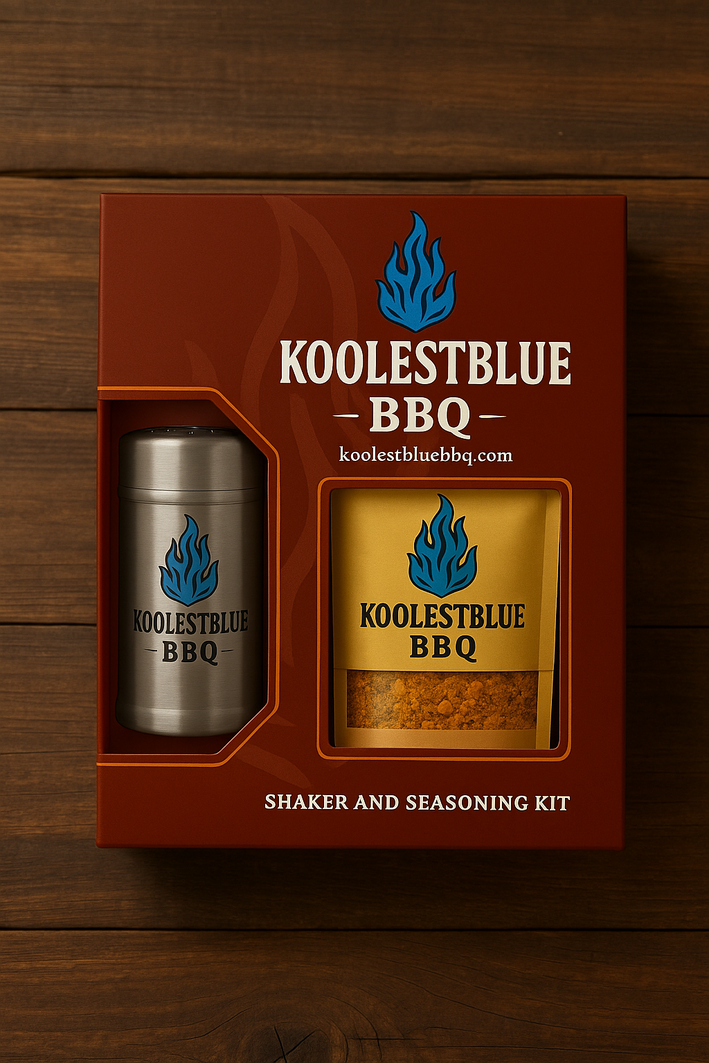 KoolestBlue BBQ shaker and seasoning kit packaging on a wooden background